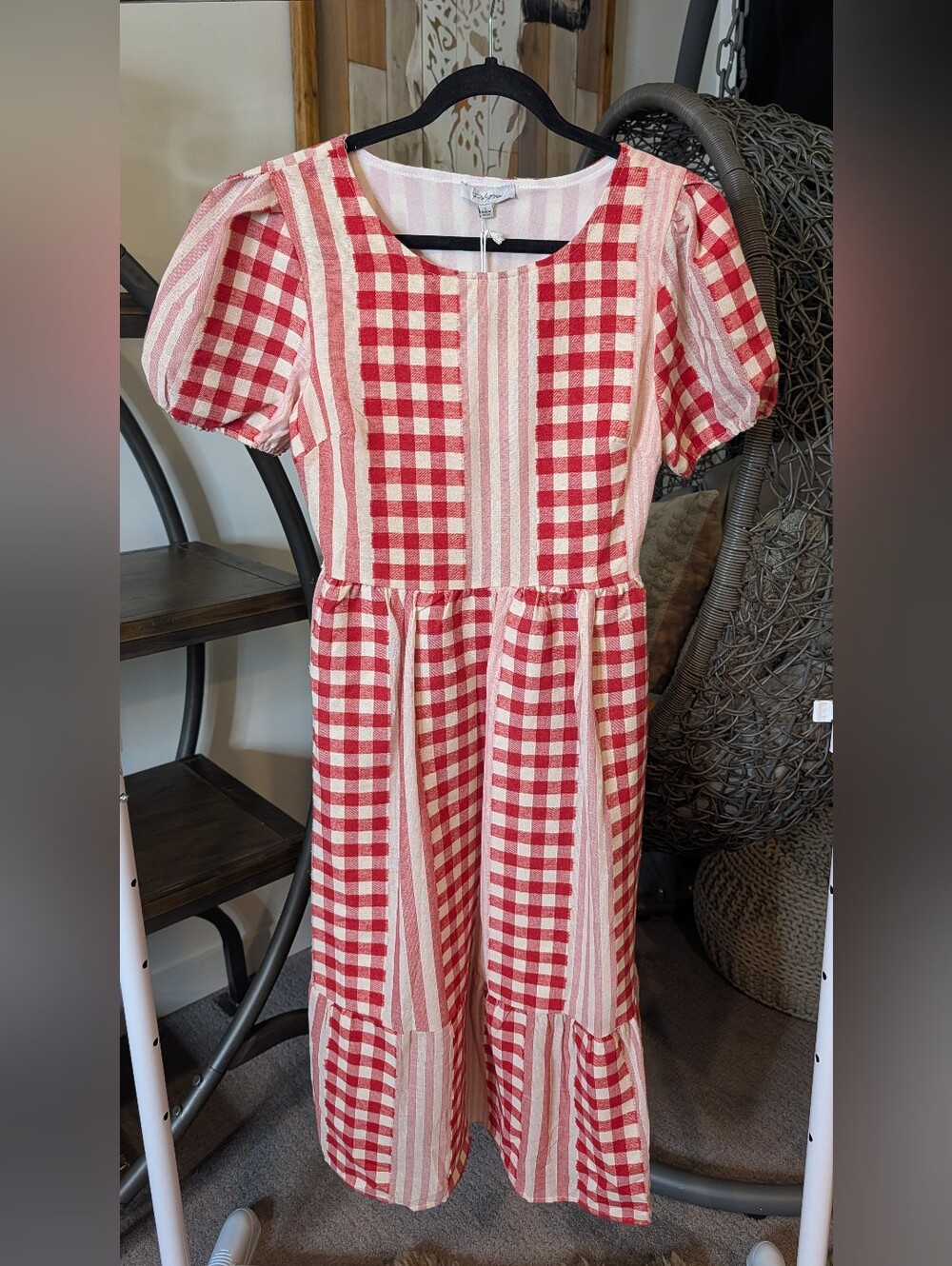 Polagram Red & Cream Gingham Stripe Puff-Sleeve Dress
